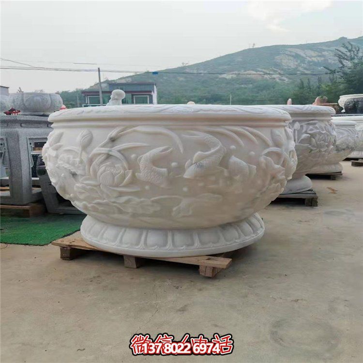 古典經典，漢白玉鯉魚雕刻圓形水缸