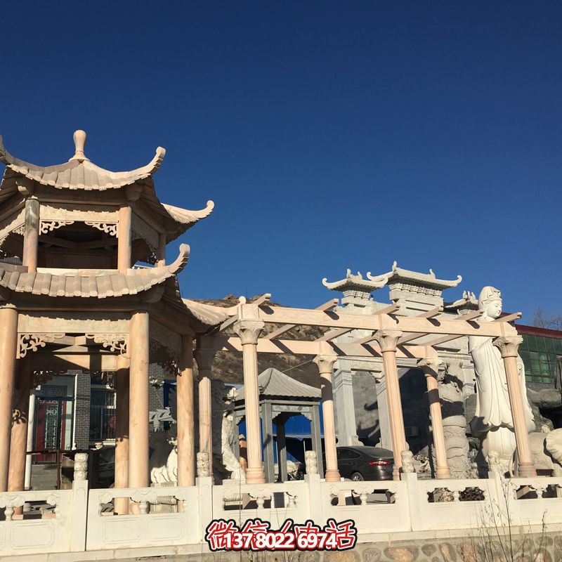 晚霞紅長(zhǎng)廊涼亭二層頂蓋花園廣場(chǎng)擺放雕塑