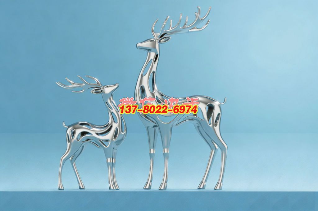 鏡熠靈蹤：雙鹿鏤空抽象不銹鋼景觀(guān)雕塑